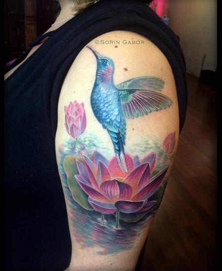 Tattoos - Humming bird flying out of lotus  - 143987